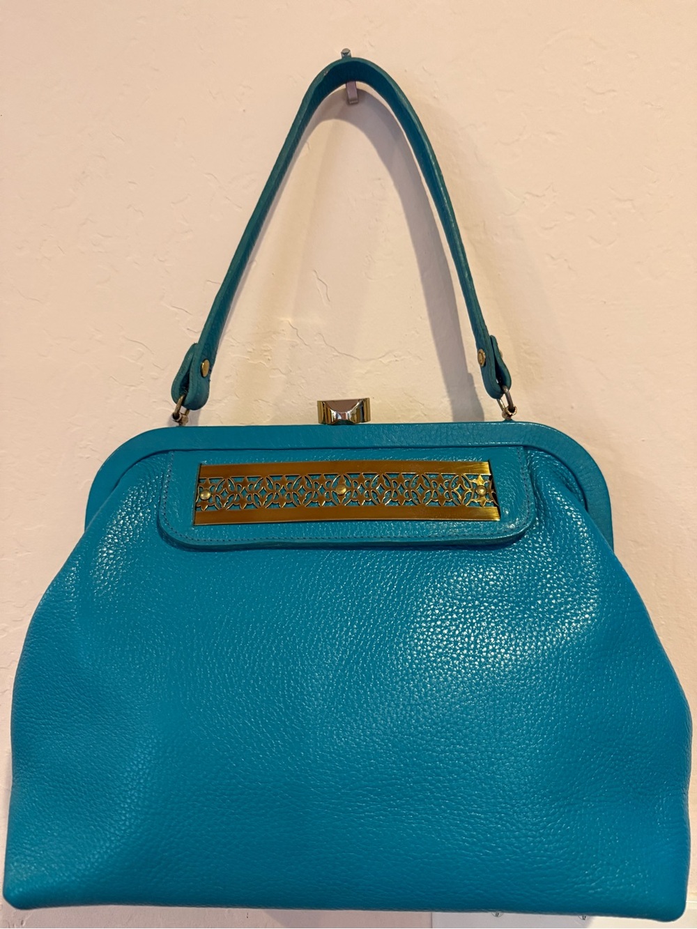 Roger Van S Turquoise Leather Frame Bag Handbag Pristine Vintage